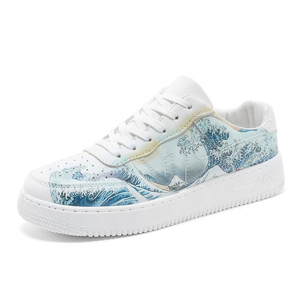 画像1:  Men's Ukiyo-e Print leather sneaker shoes 　ユニセックス男女兼用富嶽三十六景浮世絵プリントレースアップ レザースニーカー カジュアル シューズ (1)