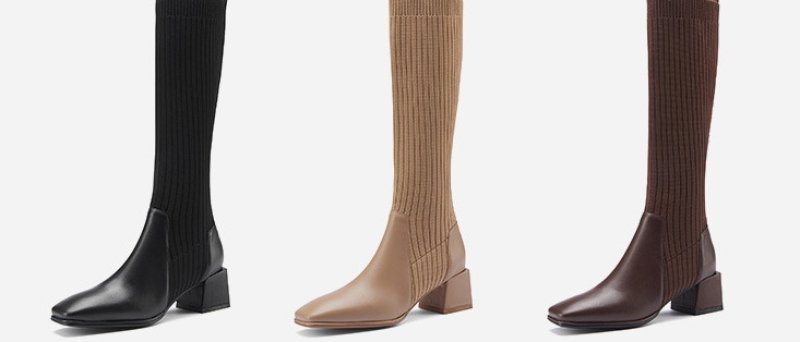 画像6: Woman's knitted elastic Chelsea long boots short tube wool mouth square head heel Boots スクエアヘッドエラスティックニットロングブーツ (6)