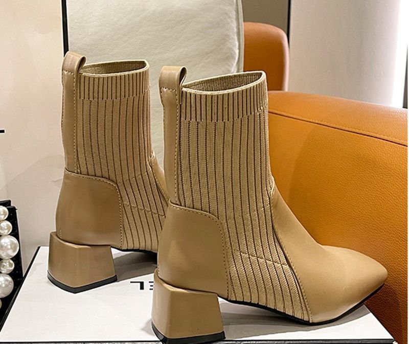 画像5: Woman's knitted elastic Chelsea ankle boots short tube wool mouth square head heel Boots　スクエアヘッドエラスティックニットブーツ (5)