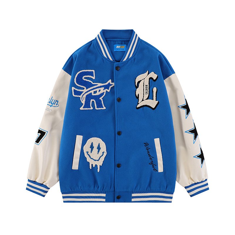 画像3: The Secret of Bear's Paw Advanced Fun Smiley Letter baseball uniform jacket BASEBALL JACKET  blouson  ユニセックス 男女兼用スマイリー＆レター刺繍ジャケットスタジアムジャンパー スタジャン MA-1 ボンバー ジャケット ブルゾン (3)