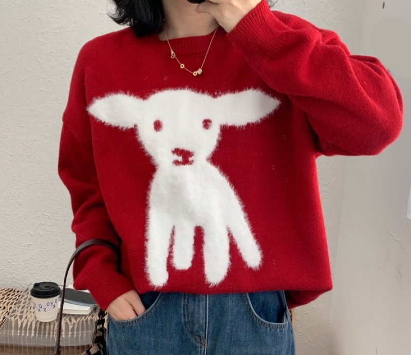 画像3: fluffy lamb braid sweater Knit  　モコモコ子羊編み込み丸首ラウンドネックセーター (3)