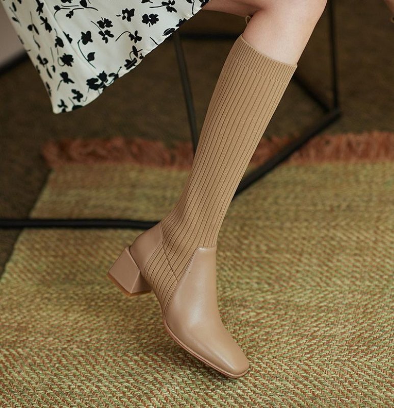 画像8: Woman's knitted elastic Chelsea long boots short tube wool mouth square head heel Boots スクエアヘッドエラスティックニットロングブーツ (8)