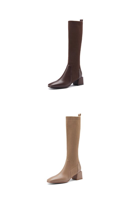 画像4: Woman's knitted elastic Chelsea long boots short tube wool mouth square head heel Boots スクエアヘッドエラスティックニットロングブーツ (4)
