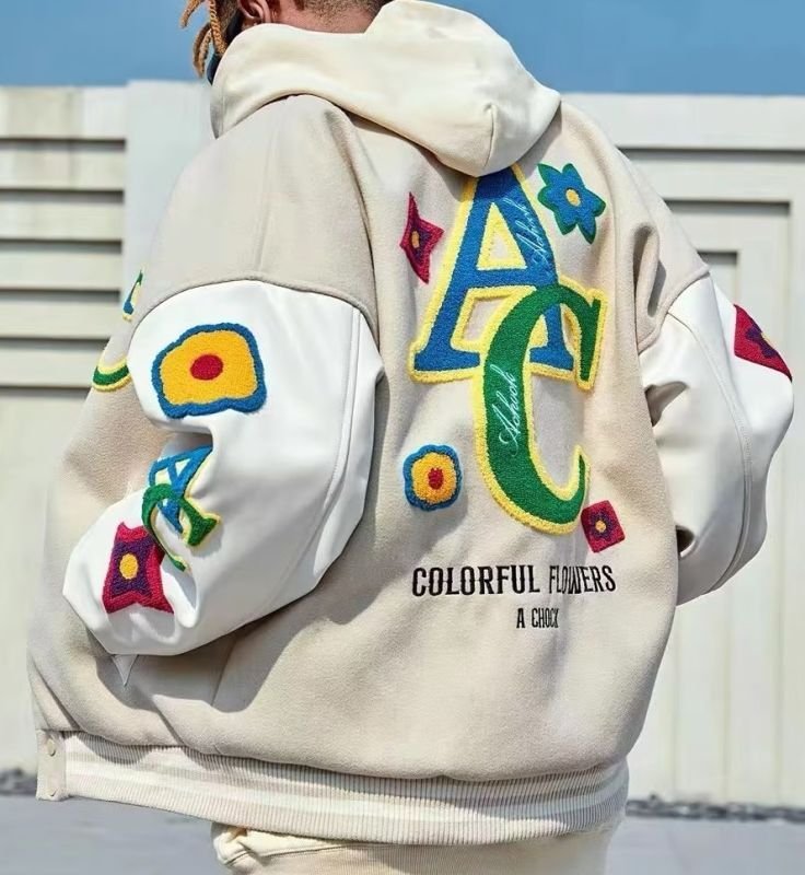 画像3: American flocking design baseball uniform jacket BASEBALL JACKET  blouson  ユニセックス 男女兼用カラフルフラワー＆レター刺繍スタジアムジャンパー スタジャン MA-1 ボンバー ジャケット ブルゾン (3)