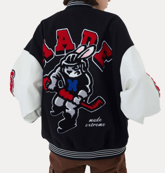 画像1: Rabbit ice hockey embroidery baseball uniform jacket BASEBALL JACKET  blouson  ユニセックス 男女兼用ラビットアイスホッケー刺繍ジャケットスタジアムジャンパー スタジャン MA-1 ボンバー ジャケット ブルゾン (1)