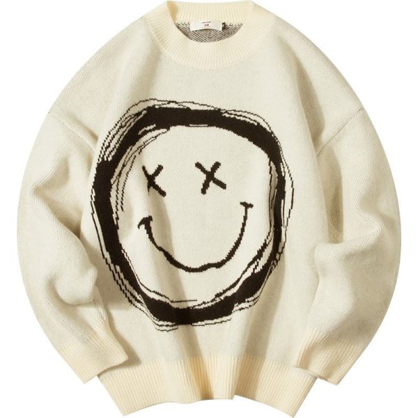 画像1: big smile braided Unisex Pullover Round Neck Sweater　 ユニセックス男女兼用ビッグスマイル編み込み男女兼用プルオーバー丸首セーター (1)