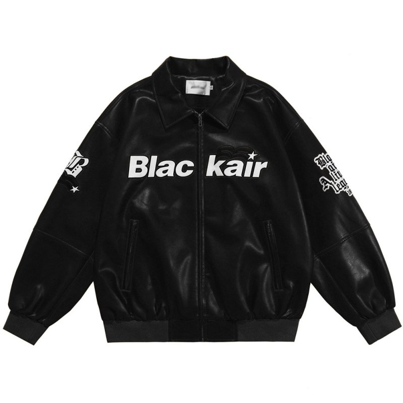 画像12: Letter Embroidery PU Leather Hip Hop Loose Lapel JacketBASEBALL JACKET  blouson  ユニセックス 男女兼用レター刺繍レザーラペルジャケットスタジアムジャンパー スタジャン MA-1 ボンバー ジャケット ブルゾン (12)