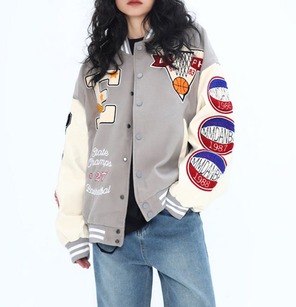 画像1: basketball flocking baseball uniform jacket BASEBALL JACKET  blouson  ユニセックス 男女兼用ストリートバスケット刺繍ジャケットスタジアムジャンパー スタジャン MA-1 ボンバー ジャケット ブルゾン (1)