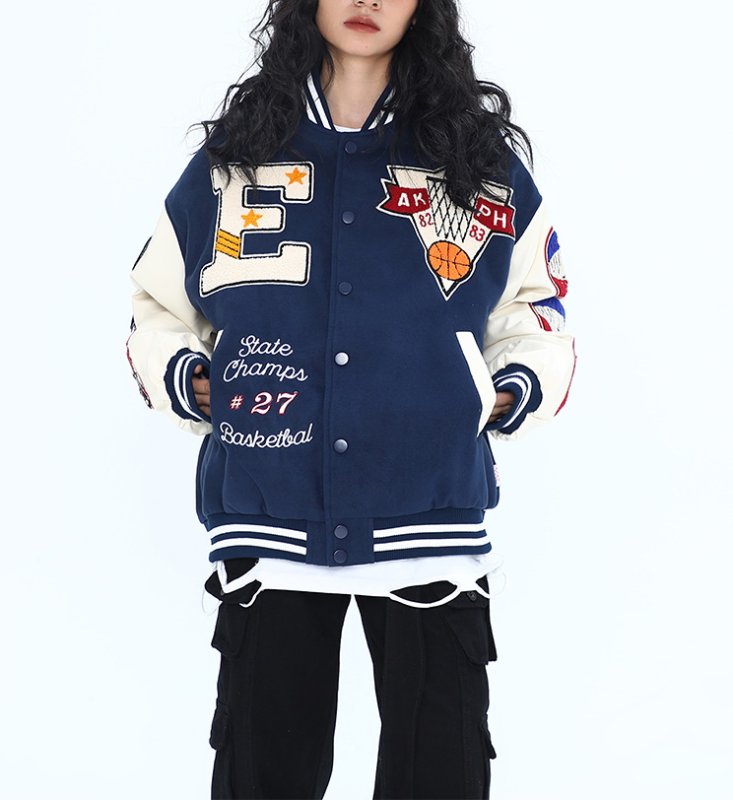 画像2: basketball flocking baseball uniform jacket BASEBALL JACKET  blouson  ユニセックス 男女兼用ストリートバスケット刺繍ジャケットスタジアムジャンパー スタジャン MA-1 ボンバー ジャケット ブルゾン (2)