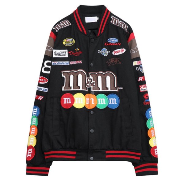 画像1: M&M & emblem embroiderybaseball uniform jacketHip Hop JacketBASEBALL JACKET  blouson  ユニセックス 男女兼用M&M＆エンブレムカラフル刺繍ジャケットスタジアムジャンパー スタジャン MA-1 ボンバー ジャケット ブルゾン (1)