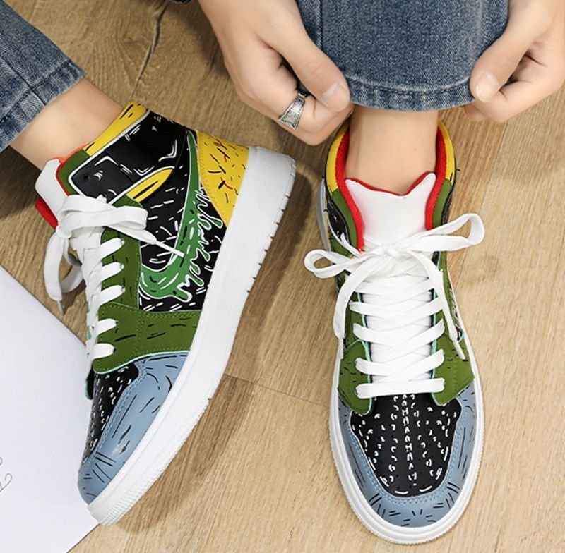 画像4:  Men's unisex pop color graphic print lace uphigh cut sneakers  ユニセックス男女兼用ハイカットポップカラーグラフィックペイント レースアップスニーカーカジュアル シューズ (4)