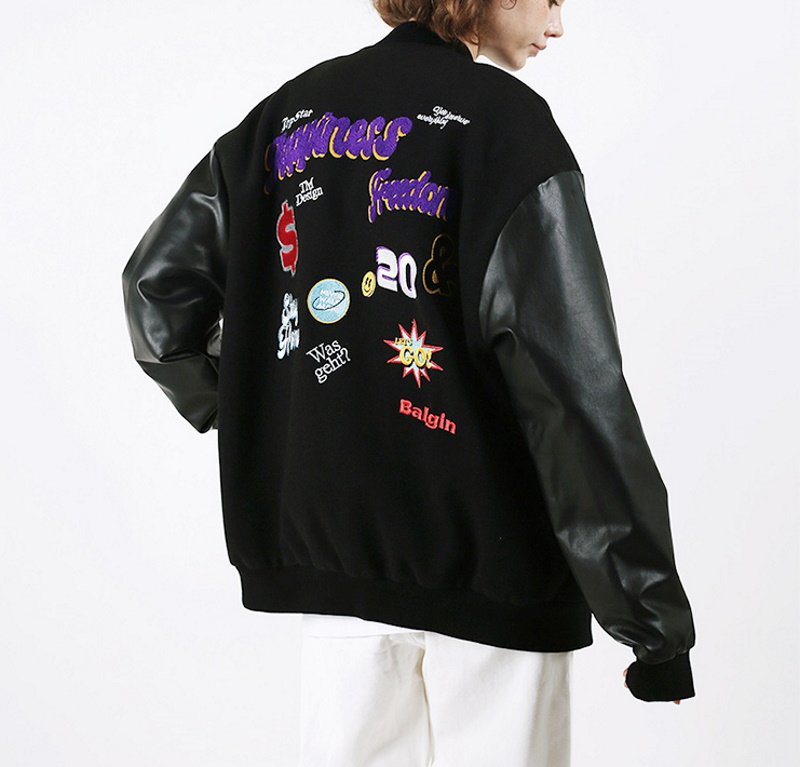 画像10: pop pattern embroidery baseball jackets baseball uniform jacket blouson ユニセッ クス男女兼用ポップエンブレム刺繍スタジアムジャンパー スタジャン ジャケットブルゾン (10)