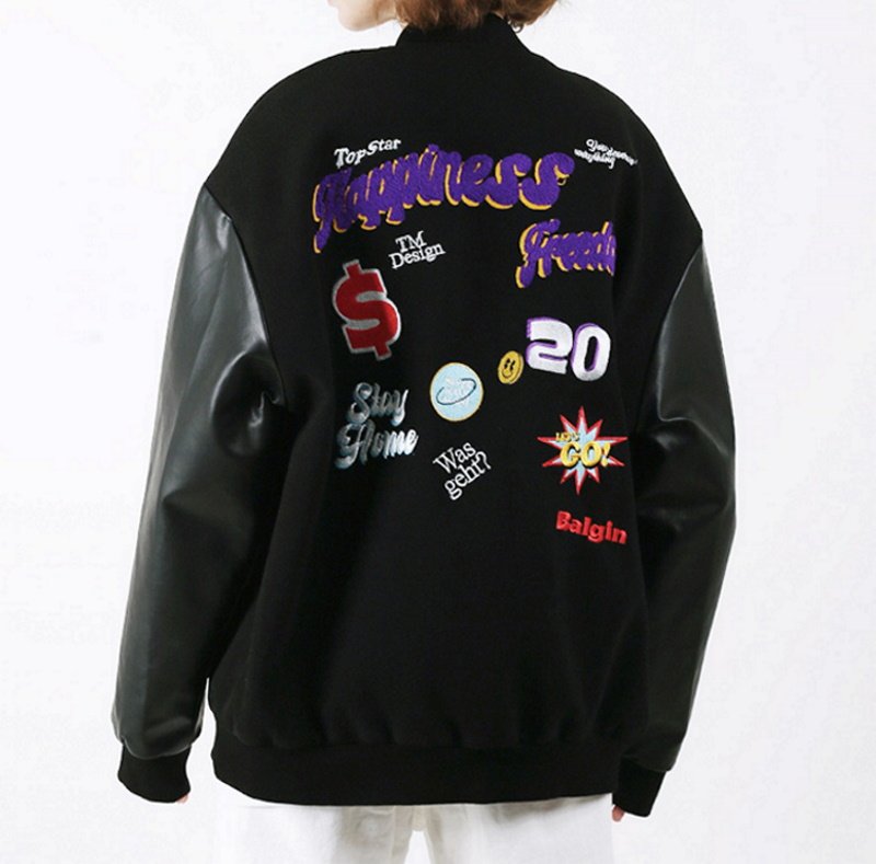 画像4: pop pattern embroidery baseball jackets baseball uniform jacket blouson ユニセッ クス男女兼用ポップエンブレム刺繍スタジアムジャンパー スタジャン ジャケットブルゾン (4)