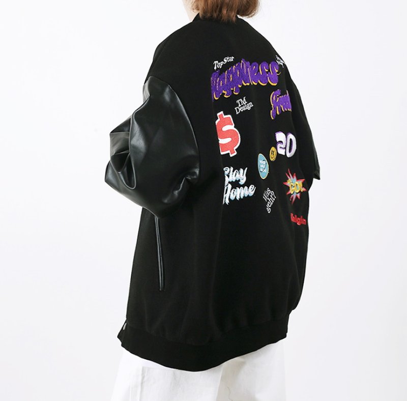 画像6: pop pattern embroidery baseball jackets baseball uniform jacket blouson ユニセッ クス男女兼用ポップエンブレム刺繍スタジアムジャンパー スタジャン ジャケットブルゾン (6)