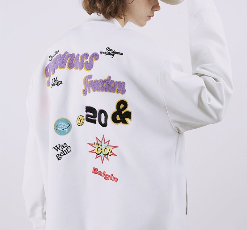 画像7: pop pattern embroidery baseball jackets baseball uniform jacket blouson ユニセッ クス男女兼用ポップエンブレム刺繍スタジアムジャンパー スタジャン ジャケットブルゾン (7)