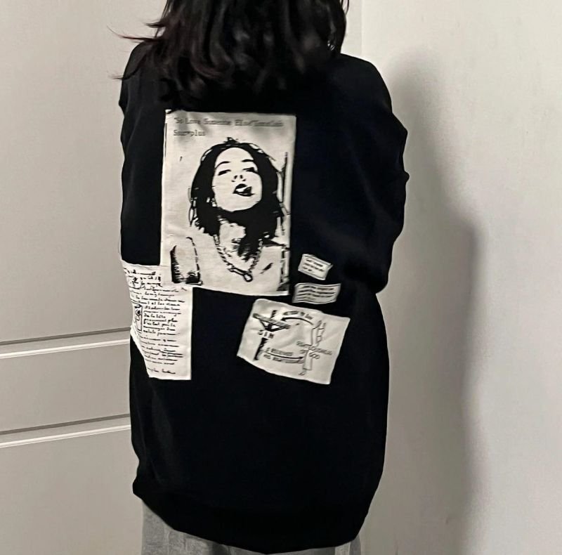画像4: photo print patchwork  pullover sweatshirt   ユニセックス男女兼用フォトプリントパッチワークプルオーバートレーナースウェット (4)
