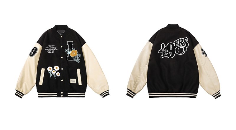 画像2: letter & flower embroidery baseball jackets baseball uniform jacket blouson ユニセッ クス男女兼用レター&フラワー刺繍スタジアムジャンパー スタジャン ジャケットブルゾン (2)