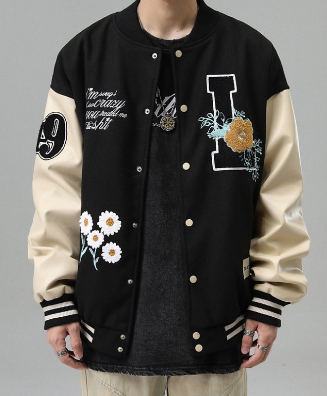 画像4: letter & flower embroidery baseball jackets baseball uniform jacket blouson ユニセッ クス男女兼用レター&フラワー刺繍スタジアムジャンパー スタジャン ジャケットブルゾン (4)
