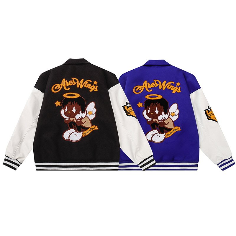 画像5:  men's black angel jacket baseball uniform jacket blouson ユニセッ クス男女兼用ブラックエンジェル刺繍ジャケットスタジアムジャンパー スタジャン ジャケットブルゾン (5)