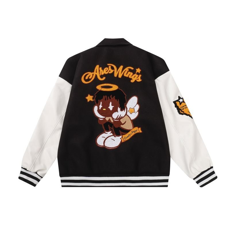 画像2:  men's black angel jacket baseball uniform jacket blouson ユニセッ クス男女兼用ブラックエンジェル刺繍ジャケットスタジアムジャンパー スタジャン ジャケットブルゾン (2)