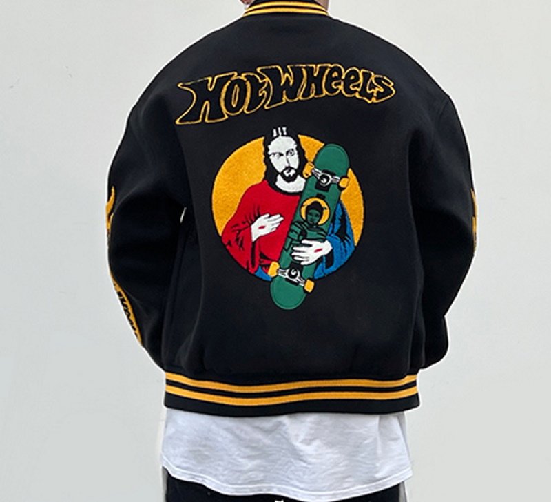 画像6: jesus and skateboard embroidery jacket baseball uniform jacket blouson ユニセッ クス男女兼用ジーザス&スケートボード刺繍ジャケットスタジアムジャンパー スタジャン ジャケットブルゾン (6)