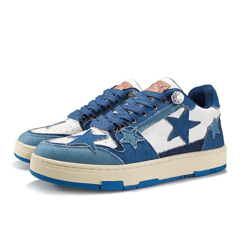 画像3:  Men's star patchwork LACE-UP LEATHER low-TOP SNEAKERS  shoes  ユニセックス男女兼用デニムスター星パッチワーク付きレースアップスニーカー カジュアル シューズ (3)