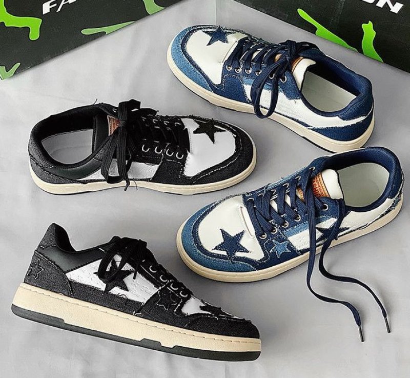 画像6:  Men's star patchwork LACE-UP LEATHER low-TOP SNEAKERS  shoes  ユニセックス男女兼用デニムスター星パッチワーク付きレースアップスニーカー カジュアル シューズ (6)