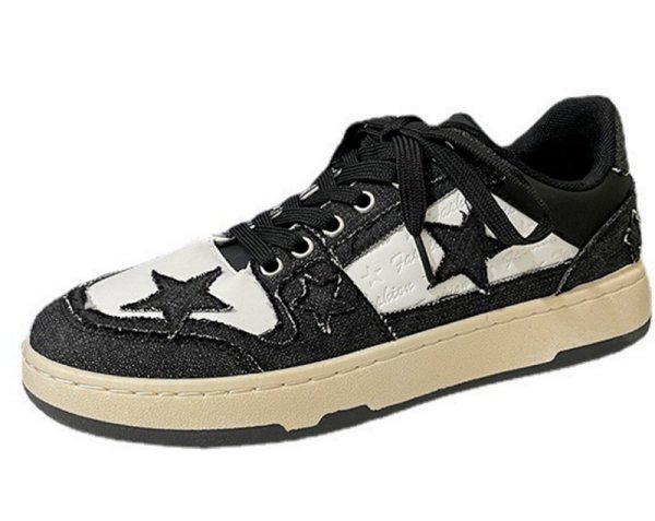 画像1:  Men's star patchwork LACE-UP LEATHER low-TOP SNEAKERS  shoes 　ユニセックス男女兼用デニムスター星パッチワーク付きレースアップスニーカー カジュアル シューズ (1)