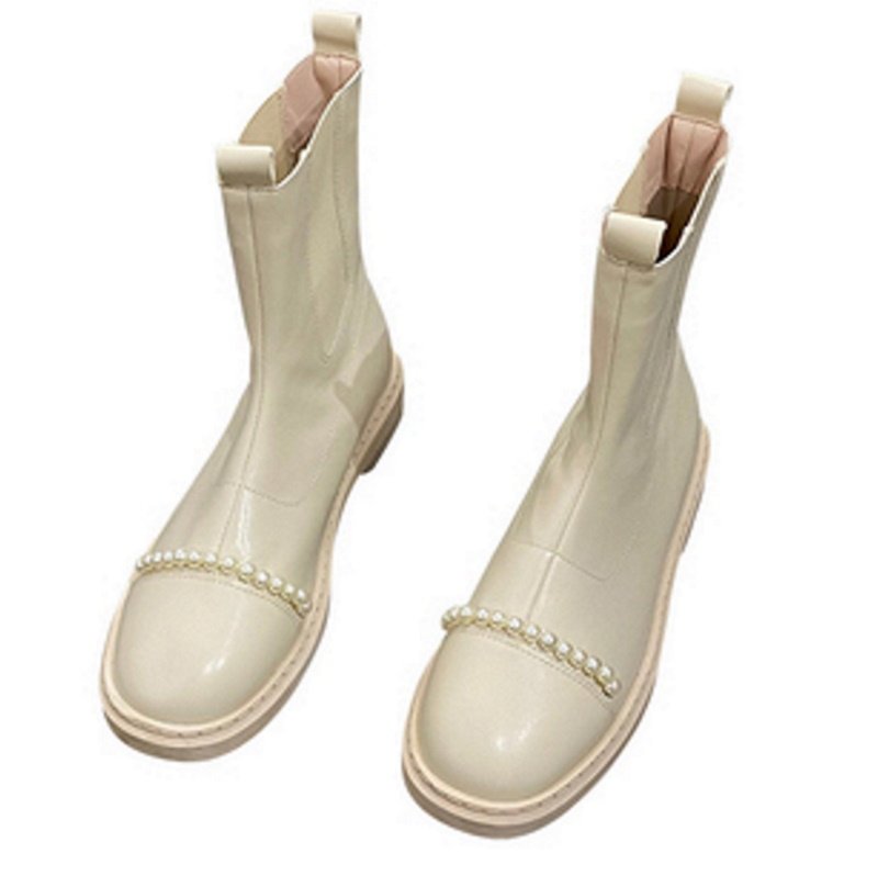 画像2: Woman's pearl Chelsea short boots パール付きレザーアンクルブーツショートブーツ (2)