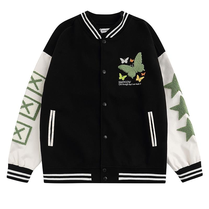 画像5: American butterfly jacket baseball uniform jacket blouson ユニセッ クス男女兼用バタフライ蝶刺繍ジャケットスタジアムジャンパー スタジャン ジャケットブルゾン (5)