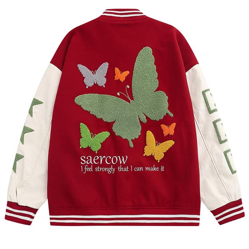 画像1: American butterfly jacket baseball uniform jacket blouson　ユニセッ クス男女兼用バタフライ蝶刺繍ジャケットスタジアムジャンパー スタジャン ジャケットブルゾン (1)