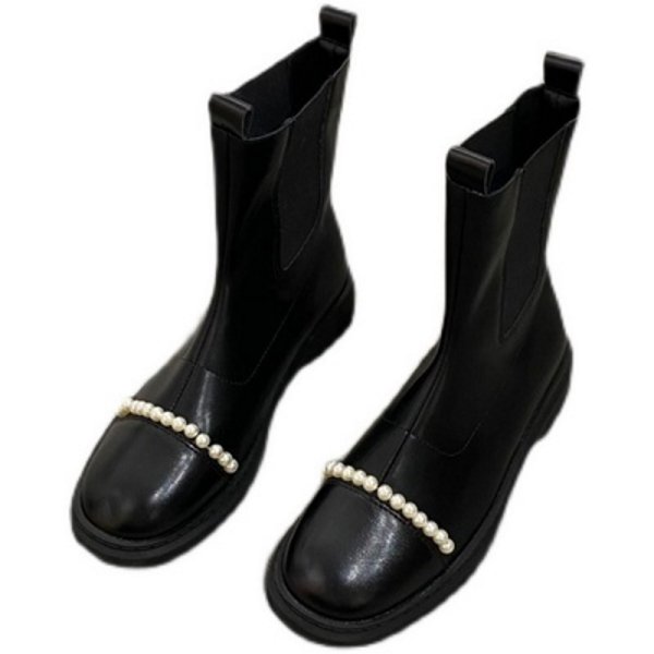 画像1: Woman's pearl Chelsea short boots　パール付きレザーアンクルブーツショートブーツ (1)