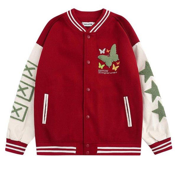 画像4: American butterfly jacket baseball uniform jacket blouson　ユニセッ クス男女兼用バタフライ蝶刺繍ジャケットスタジアムジャンパー スタジャン ジャケットブルゾン (4)