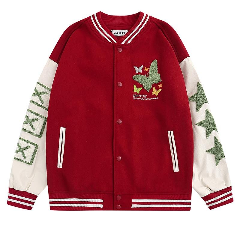 画像4: American butterfly jacket baseball uniform jacket blouson ユニセッ クス男女兼用バタフライ蝶刺繍ジャケットスタジアムジャンパー スタジャン ジャケットブルゾン (4)