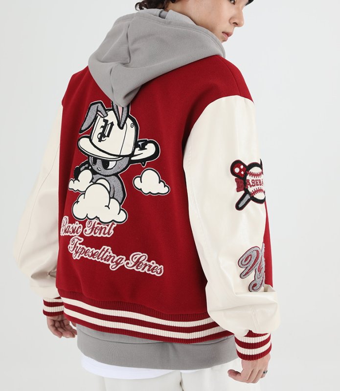 画像7: PCMY "WR" Mr. Rabbit College jacket baseball uniform jacket blouson ユニセッ クス男女兼用ラビット刺繍ベースボールカレッジジャケットスタジアムジャンパー スタジャン ジャケットブルゾン (7)