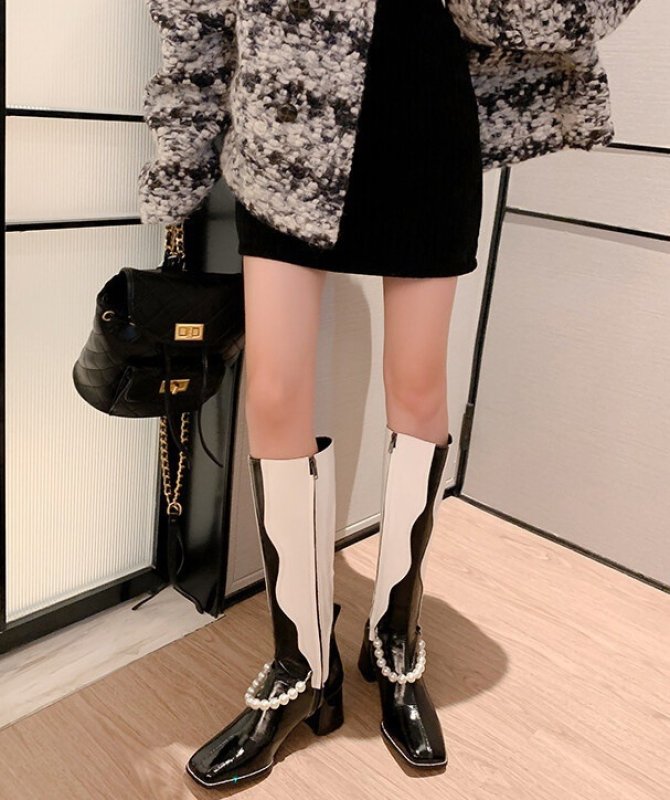 画像6: Woman's black and white color matching pearl tube boots ブラック&ホワイトカラーマッチングレザーパール付きロングブーツ (6)