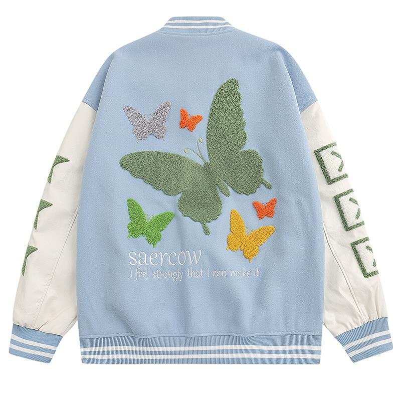 画像3: American butterfly jacket baseball uniform jacket blouson ユニセッ クス男女兼用バタフライ蝶刺繍ジャケットスタジアムジャンパー スタジャン ジャケットブルゾン (3)
