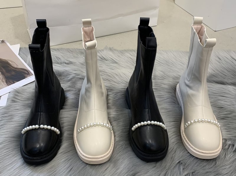 画像6: Woman's pearl Chelsea short boots パール付きレザーアンクルブーツショートブーツ (6)
