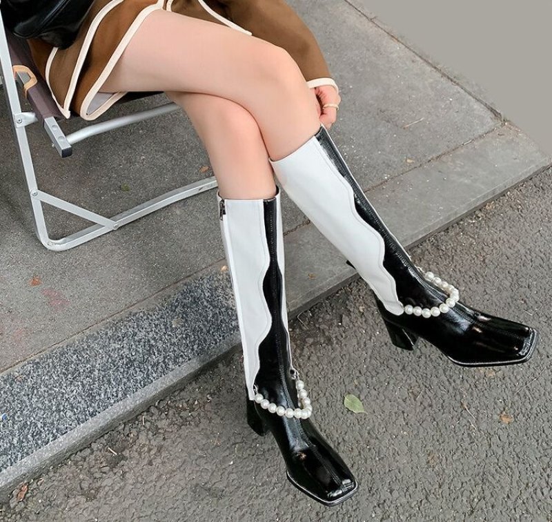 画像5: Woman's black and white color matching pearl tube boots ブラック&ホワイトカラーマッチングレザーパール付きロングブーツ (5)