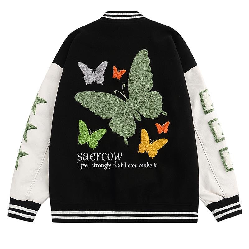 画像2: American butterfly jacket baseball uniform jacket blouson ユニセッ クス男女兼用バタフライ蝶刺繍ジャケットスタジアムジャンパー スタジャン ジャケットブルゾン (2)