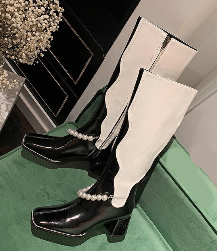 画像8: Woman's black and white color matching pearl tube boots ブラック&ホワイトカラーマッチングレザーパール付きロングブーツ (8)