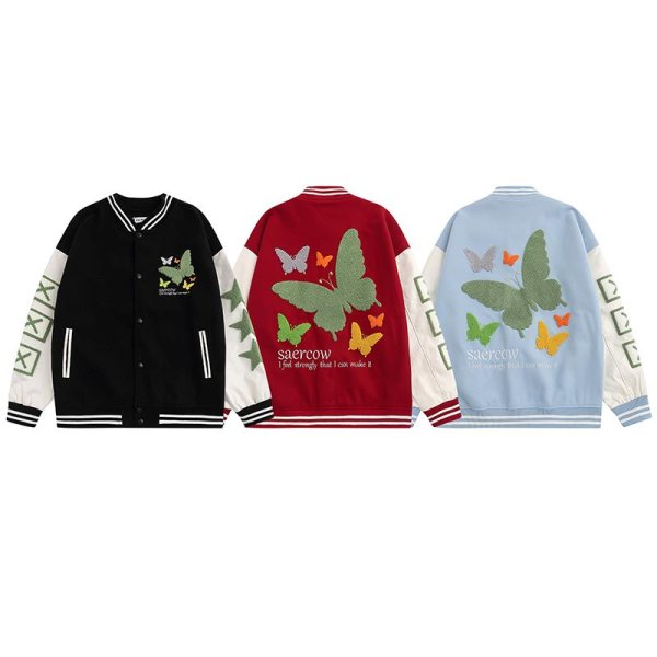 画像7: American butterfly jacket baseball uniform jacket blouson　ユニセッ クス男女兼用バタフライ蝶刺繍ジャケットスタジアムジャンパー スタジャン ジャケットブルゾン (7)