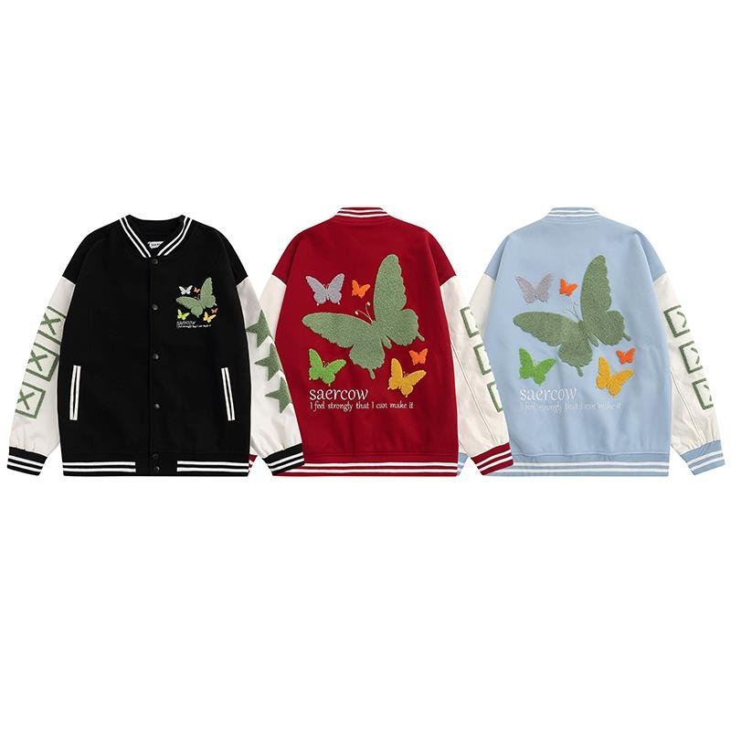 画像7: American butterfly jacket baseball uniform jacket blouson ユニセッ クス男女兼用バタフライ蝶刺繍ジャケットスタジアムジャンパー スタジャン ジャケットブルゾン (7)