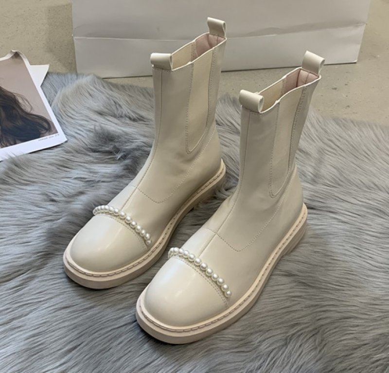 画像4: Woman's pearl Chelsea short boots パール付きレザーアンクルブーツショートブーツ (4)