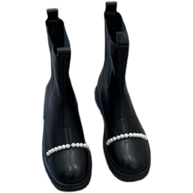 画像7: Woman's pearl Chelsea short boots パール付きレザーアンクルブーツショートブーツ (7)