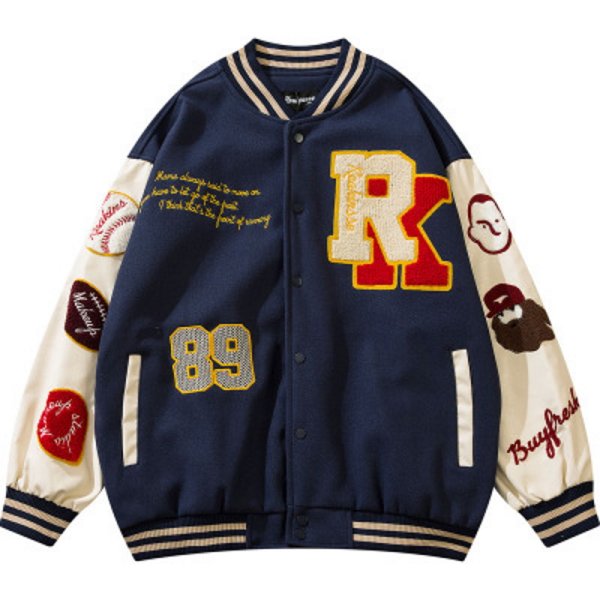 画像1: hip-hop oversize 89 bomb baseball uniform jacket blouson　ユニセッ クス男女兼用89カラフルエンブレム刺繍ベースボールカレッジジャケットスタジアムジャンパー スタジャン ジャケットブルゾン (1)