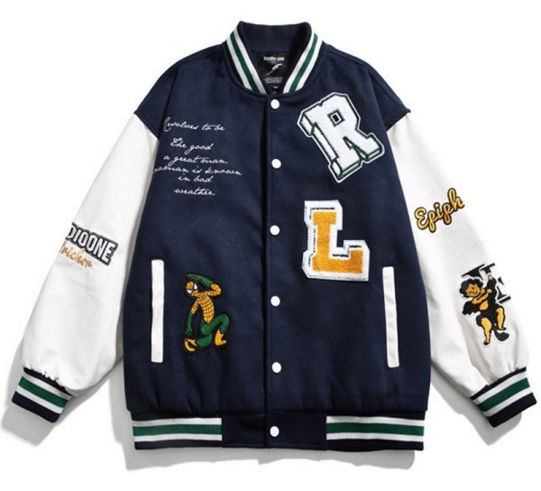 画像1: green spiderman embroidery baseball uniform jacket blouson　ユニセッ クス男女兼用グリーンスパイダーマン刺繍ベースボールカレッジジャケットスタジアムジャンパー スタジャン ジャケットブルゾン (1)