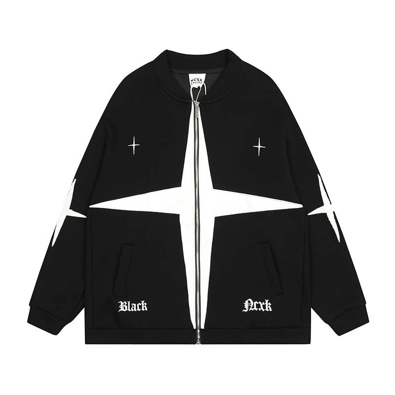 画像2: star zip up embroidery baseball uniform jacket blouson ユニセッ クス男女兼用スター刺繍ジップアップベースボールカレッジジャケットスタジアムジャンパー スタジャン ジャケットブルゾン (2)