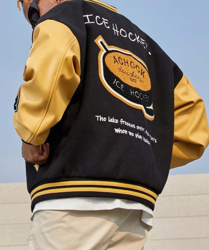 画像4: American street hockey stitching towel embroidered flocking jacket baseball uniform jacket blouson ユニセッ クス男女兼用ストリート ホッケースタジアムジャンパー スタジャン ジャケットブルゾン (4)