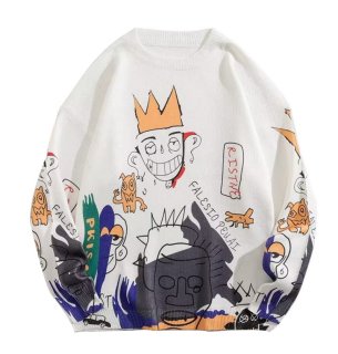 Zip-up hip-hop graphic print sweater knit ユニセックス男女兼用